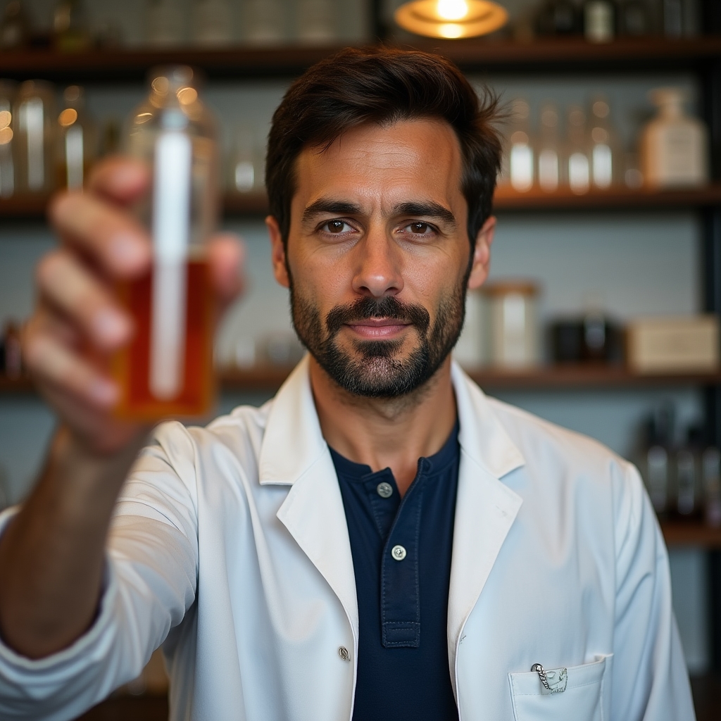 Artesano cervecero tomando muestras de densidad con densímetro en laboratorio de control de calidad