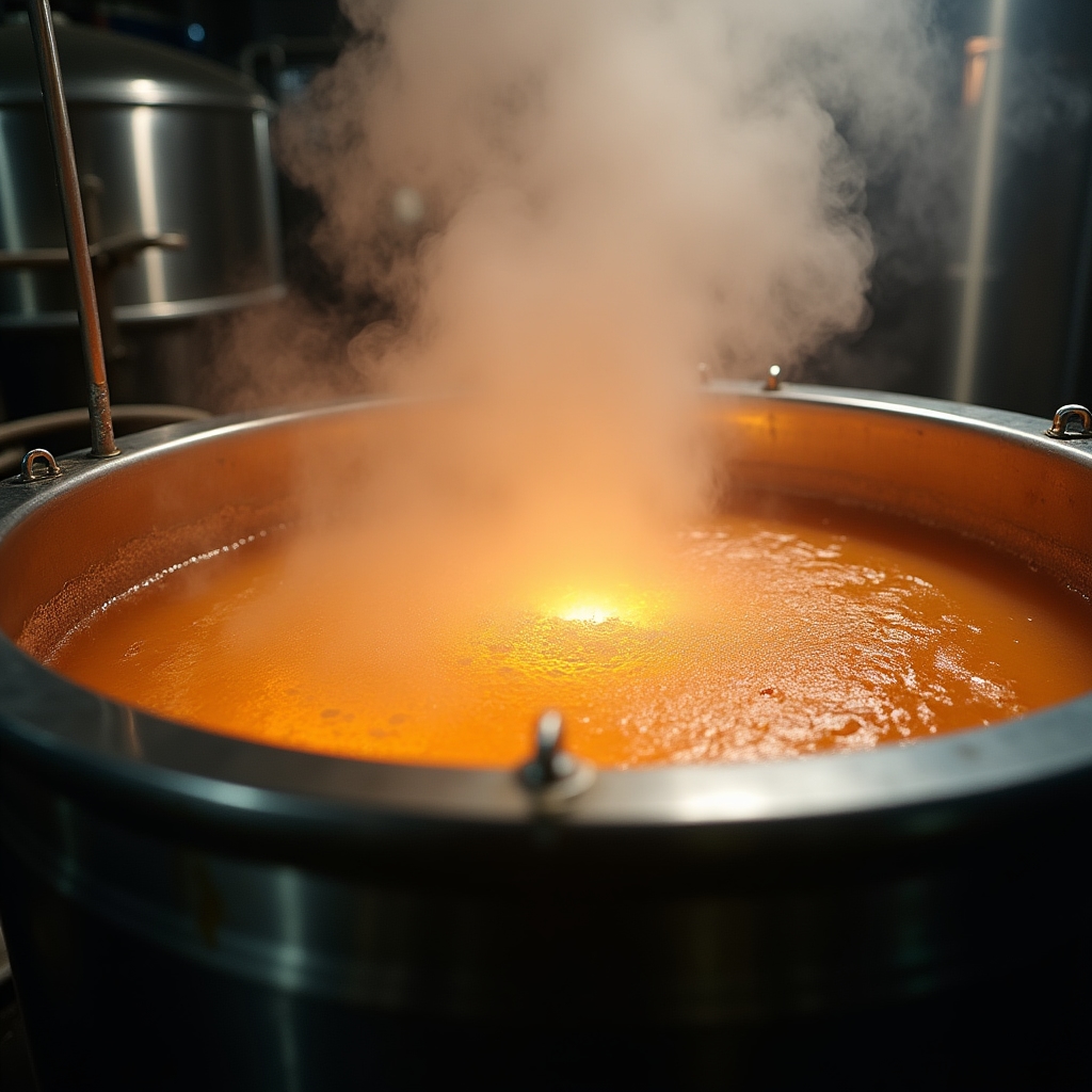 Caldera de cocción de acero inoxidable con vapor visible durante la elaboración de cerveza artesanal
