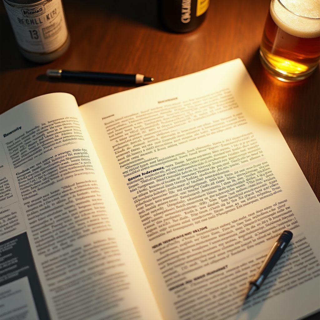 Documentación normativa sobre etiquetado de cerveza artesanal abierta sobre mesa de trabajo