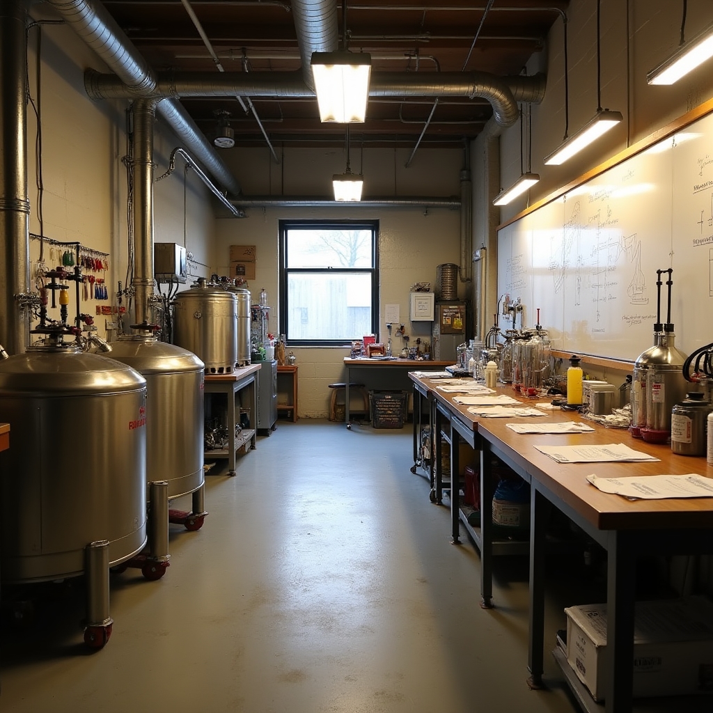 Espacio interior del taller de formación con equipos de cervecería y mesas de trabajo técnico