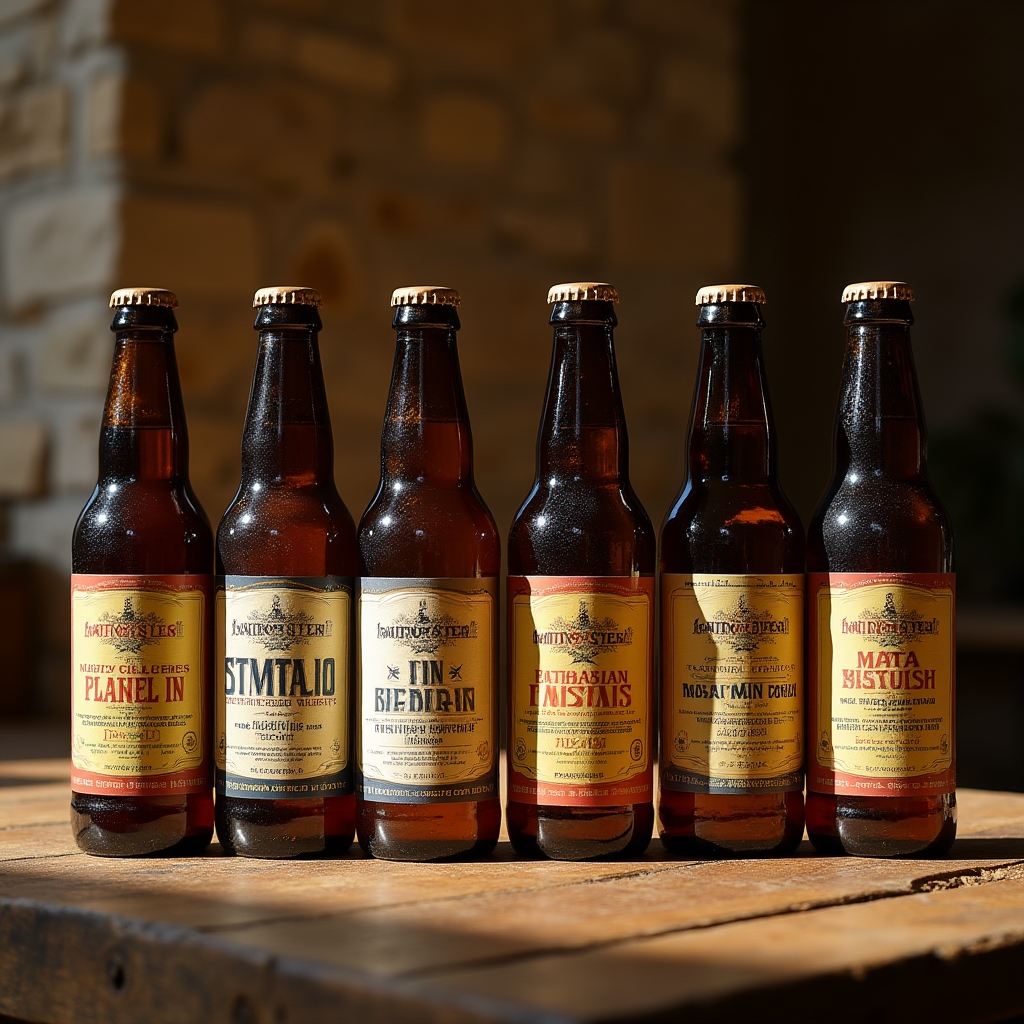 Botellas de cerveza artesanal con etiquetas normativas alineadas sobre mesa de madera en bodega