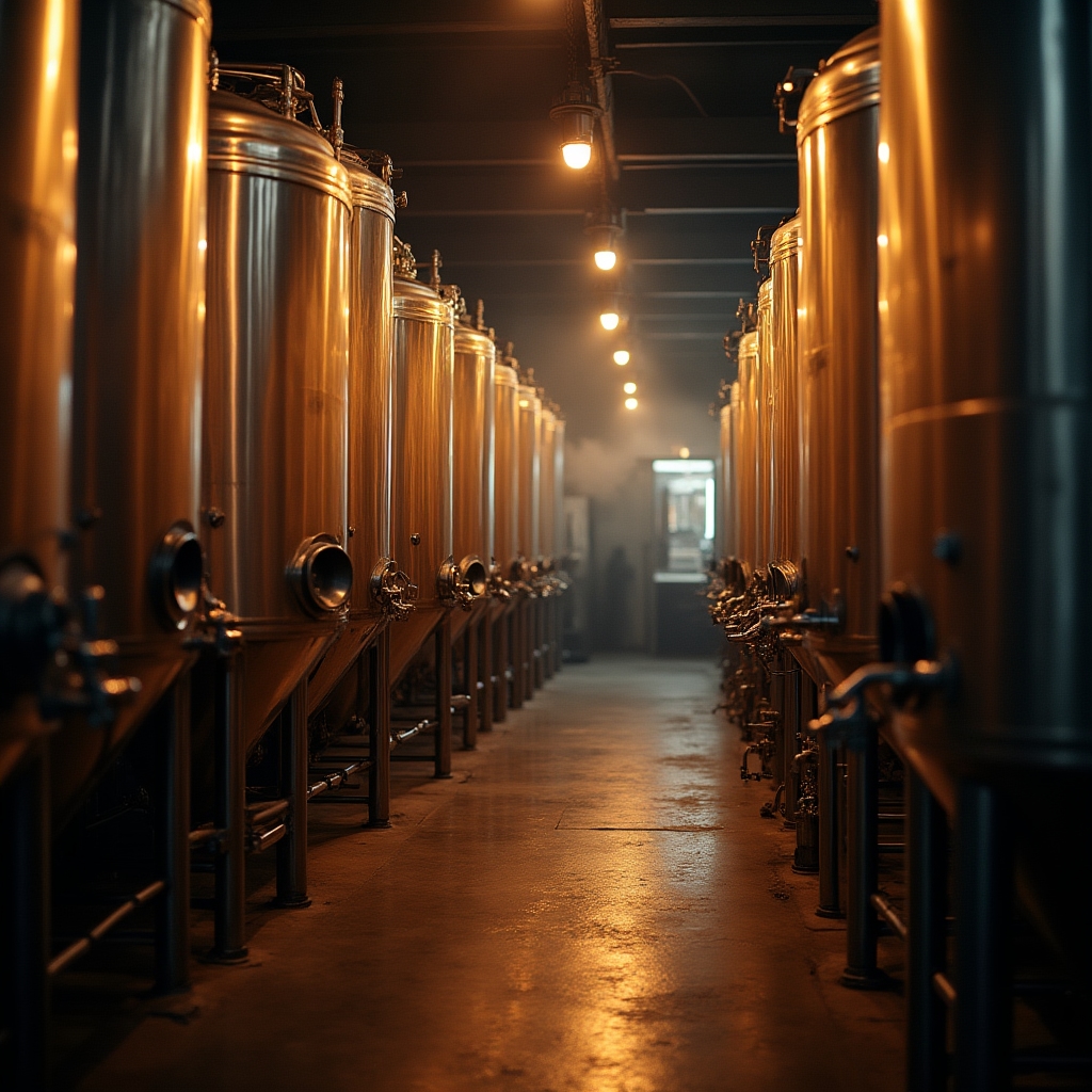 Tanques de fermentación de acero inoxidable en una cervecería artesanal de mediano volumen
