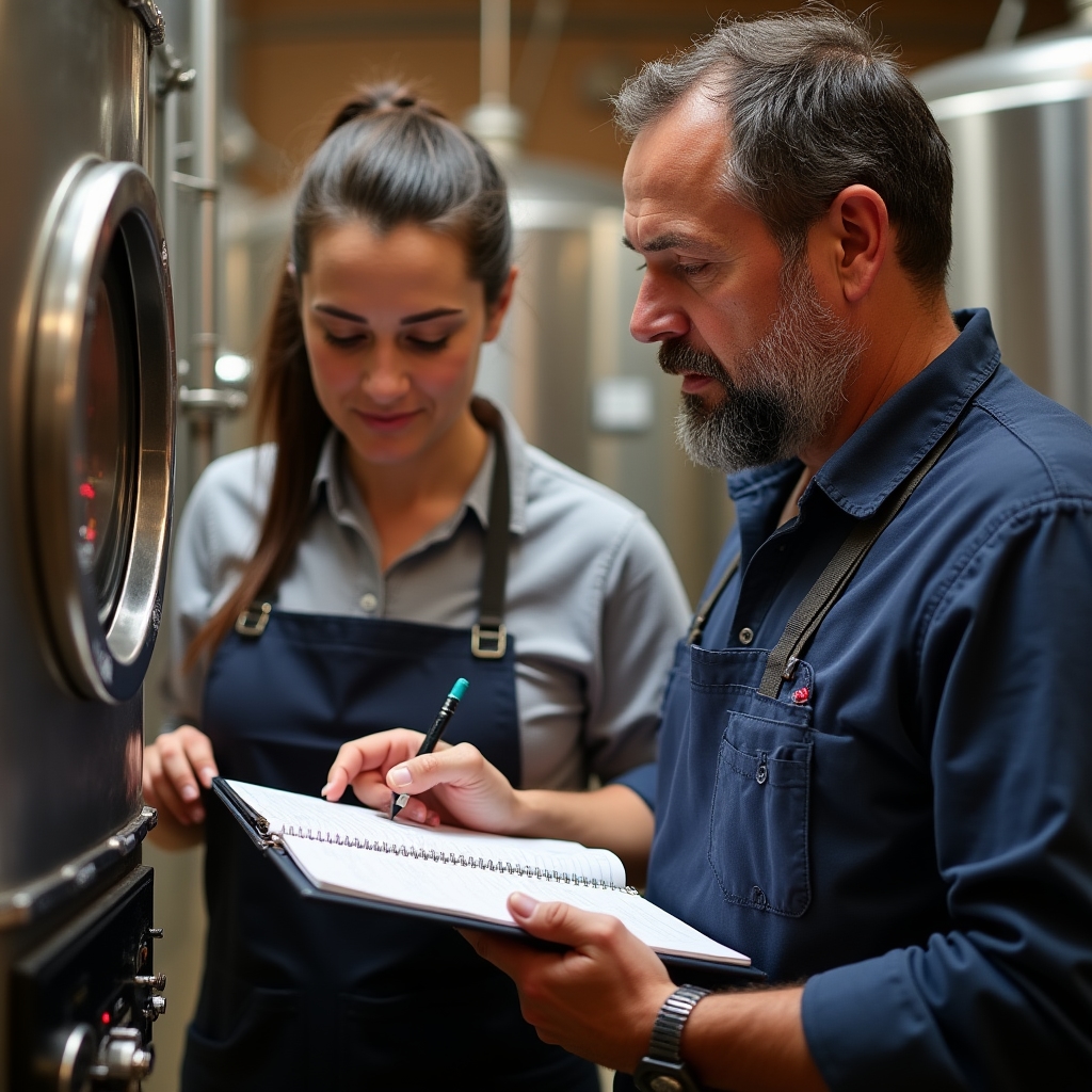 Participantes de un taller cervecero trabajando con equipos de fermentación durante una sesión práctica